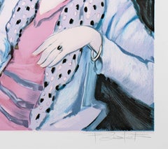 20th century color lithograph French scene female figures cafe street signed