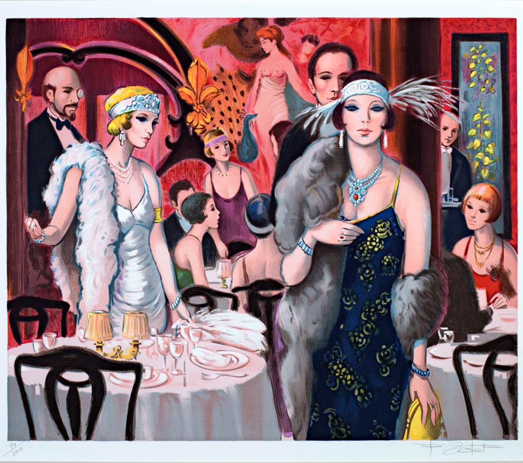 "Soirée Chez Maxine" est une lithographie originale en couleur de François Batet. L'artiste a signé l'œuvre en bas à droite et inscrit le numéro d'édition (94/200) en bas à gauche. Cette pièce représente des personnes à la mode dans un espace
