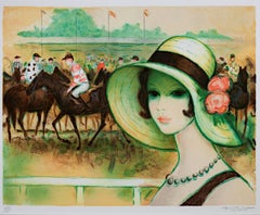 Lithographie française du 20e siècle, représentant une scène féminine, chevaux et arbres signés