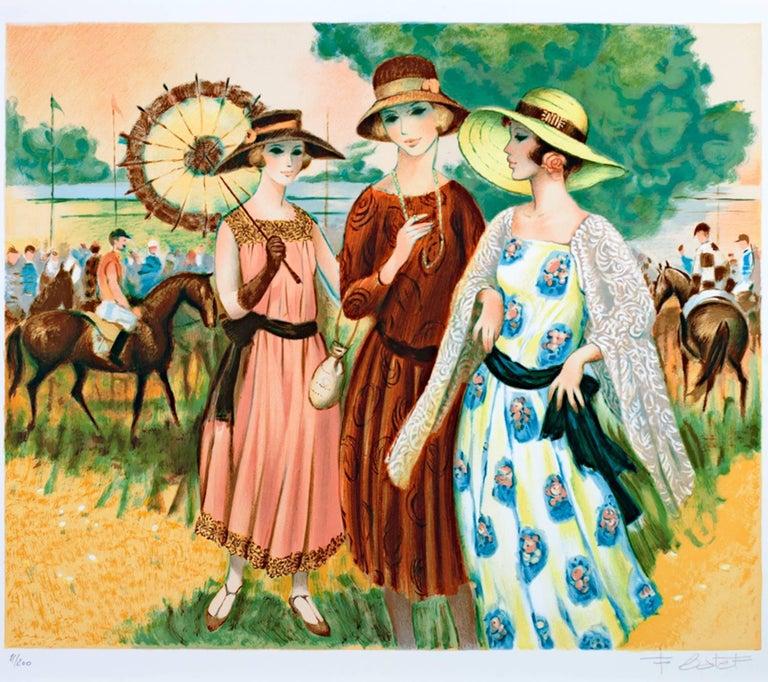 "Les Parisiennes" is an original color lithograph by Francois Batet. The artist signed the piece in the lower right and wrote the edition number (71/200) in the lower left. This piece depicts three fashionable women in front of a horse-race