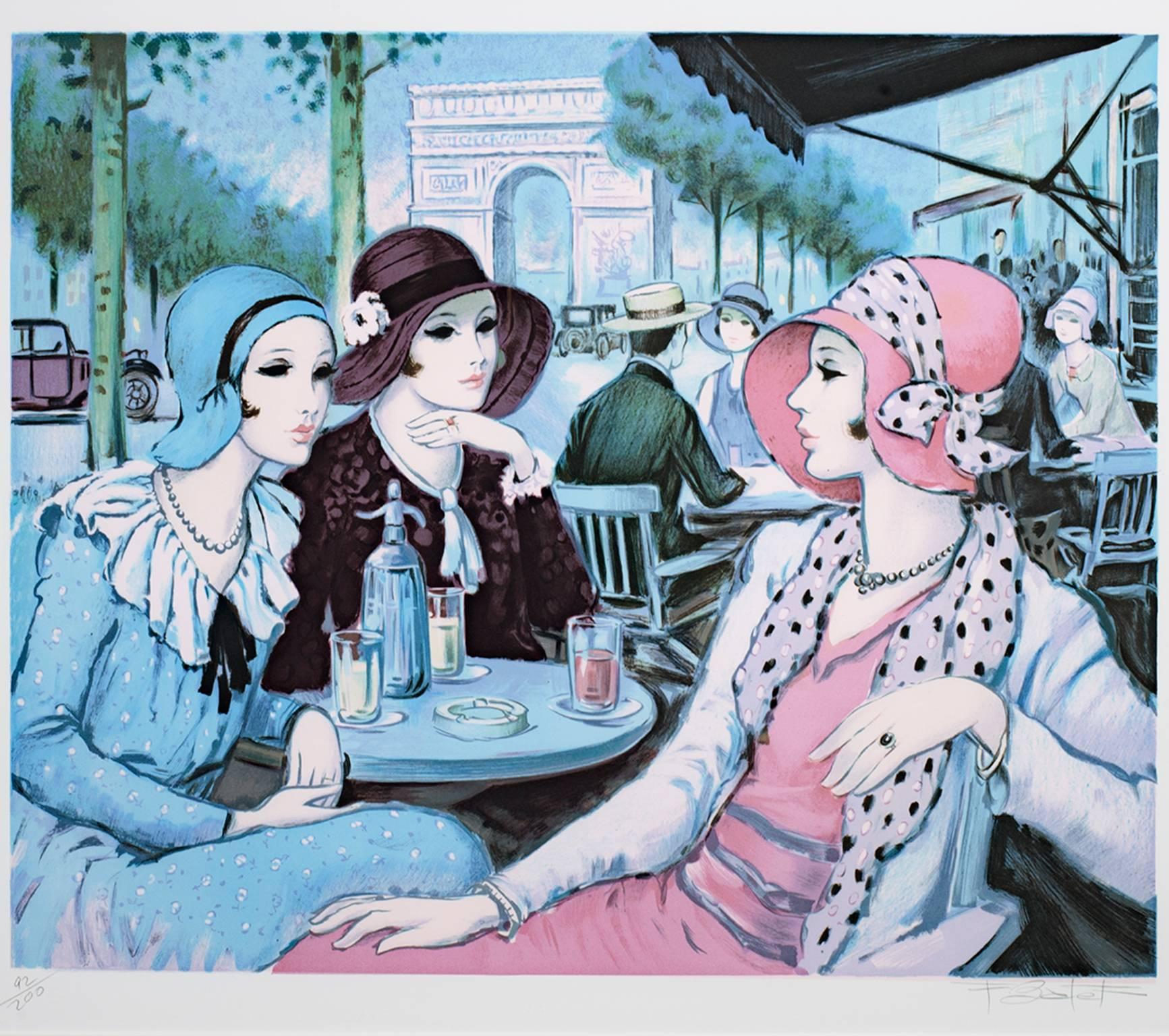 "Terasse aux Champs Elysees," Original Color Lithograph signed by Francois Batet