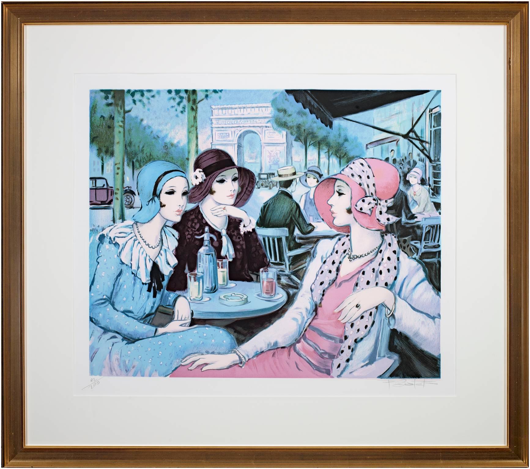 20th century color lithograph French scene female figures cafe street signed For Sale 1