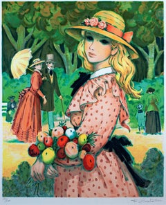 "Jeune Fille en Rose," Original Color Lithograph signed by Francois Batet