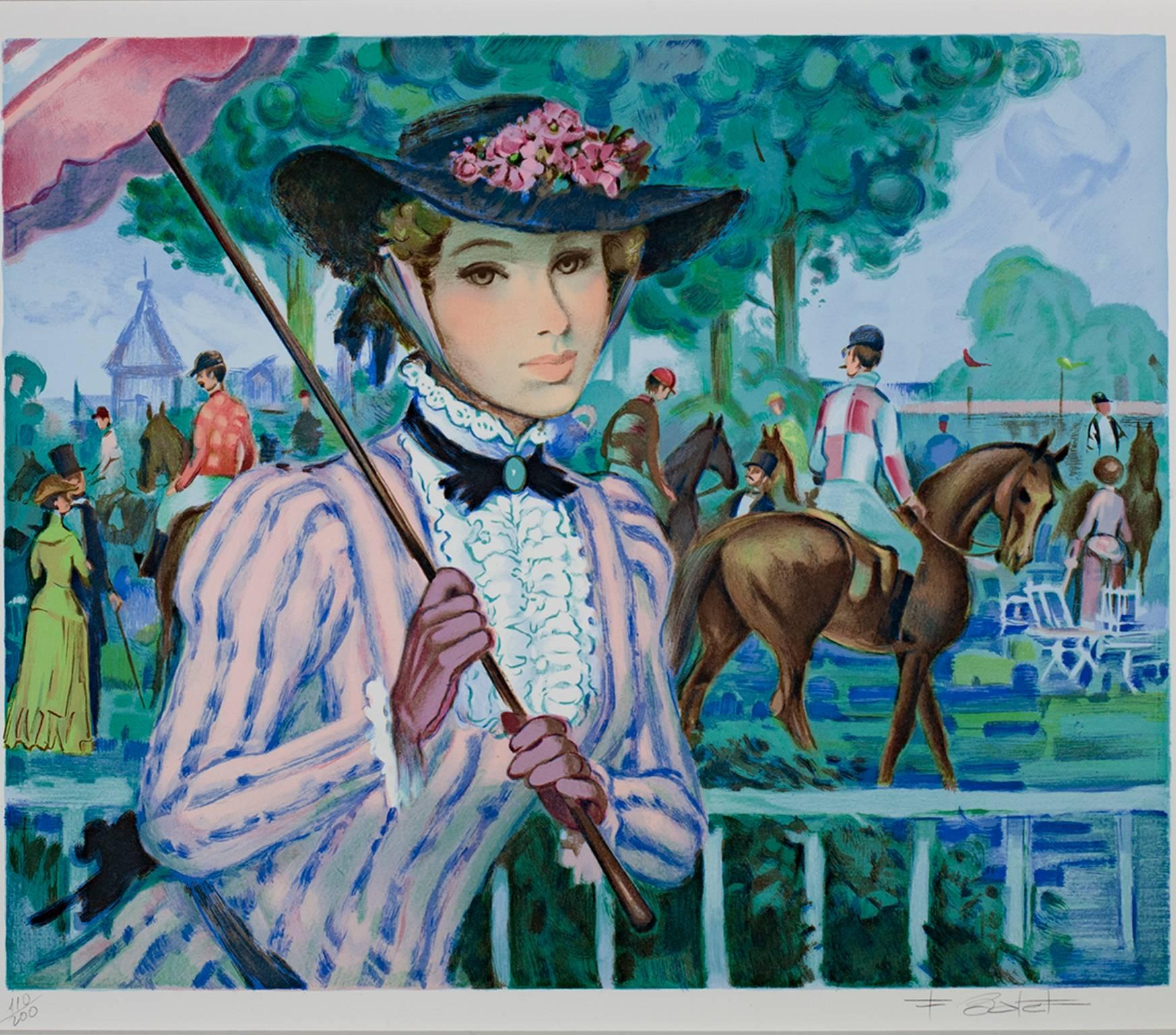 "Paddock" is an original color lithograph by Francois Batet. The artist signed the piece in the lower right and wrote the edition number (110/200) in the lower left. This piece depicts a fashionable woman in front of a horse-race track.

19 3/8" x