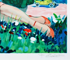 20th century color lithograph French scene female figures trees park signed
