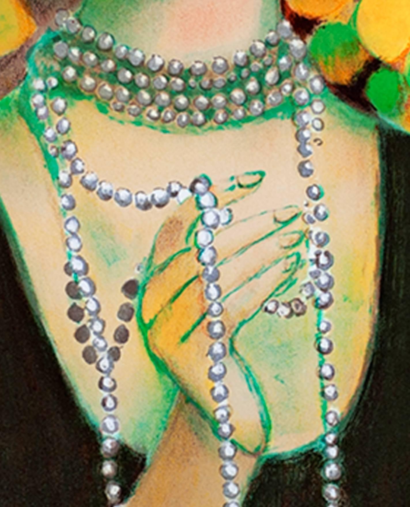 Farblithographie Französische Szene weibliche Figur Blumenschmuck des 20. Jahrhunderts, signiert im Angebot 1