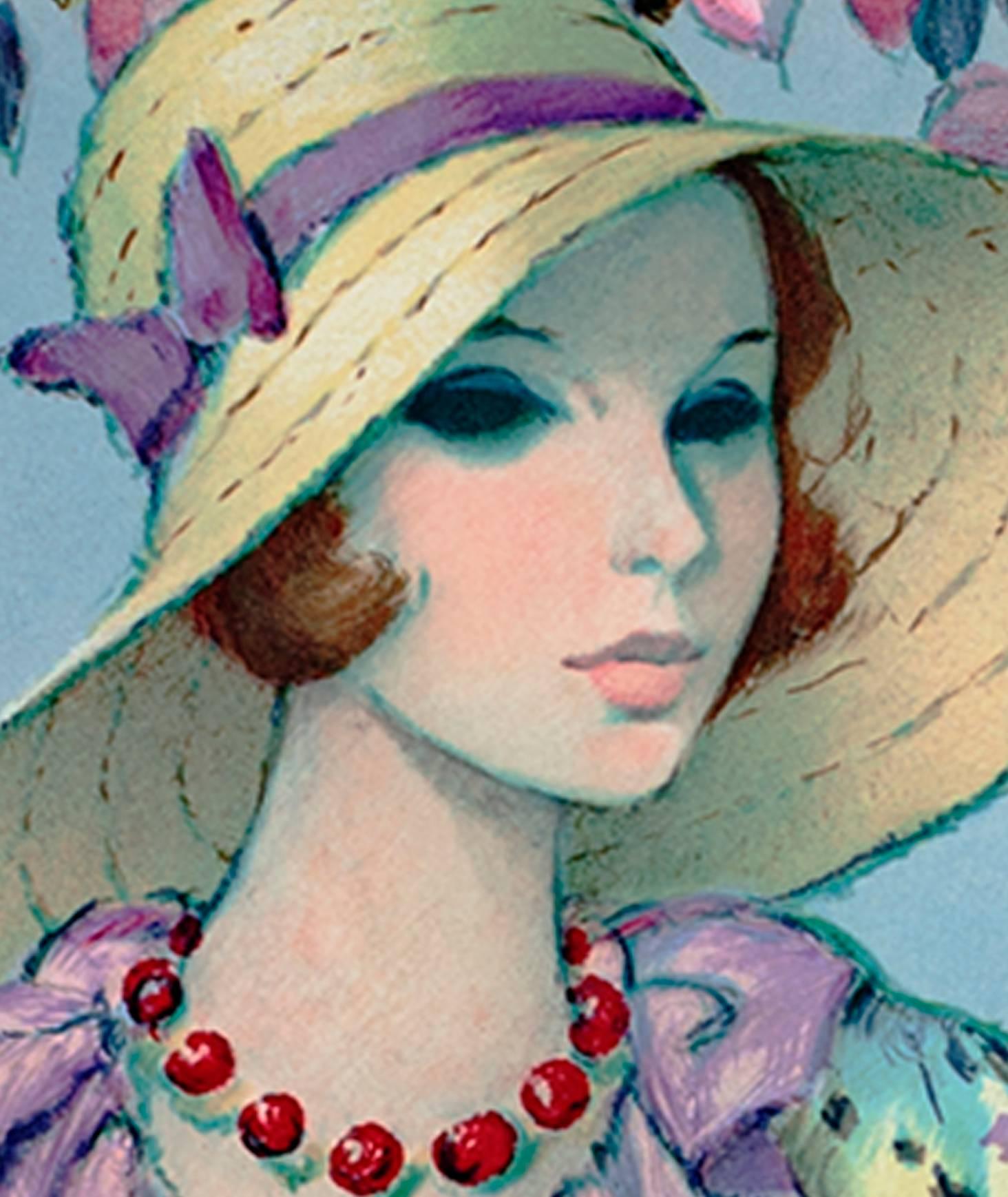 Siglo XX litografía en color escena francesa figura femenina barcas agua firmada en venta 1