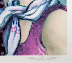 20th century color lithograph French scene female figures boats water signed