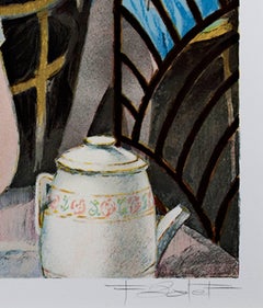 20th century color lithograph French scene female figures cafe table signed