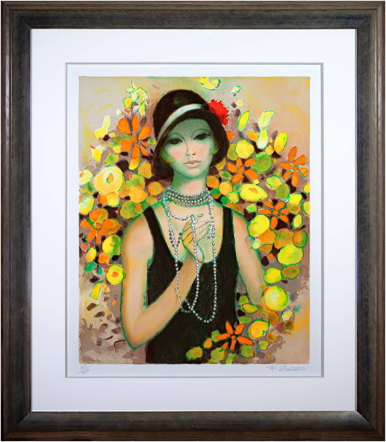 Farblithographie Französische Szene weibliche Figur Blumenschmuck des 20. Jahrhunderts, signiert im Angebot 3