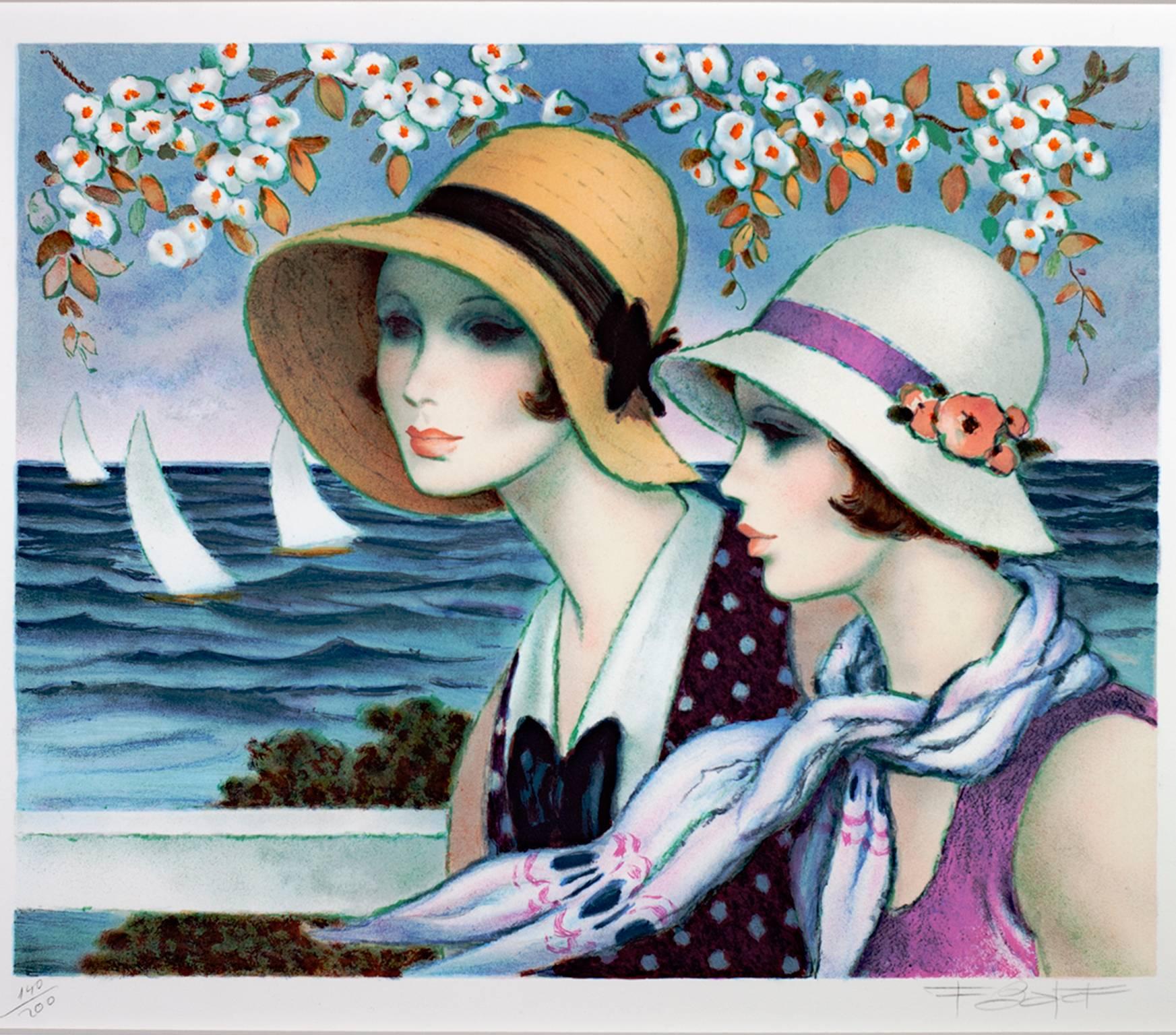 Francois Batet Figurative Print -  20th century color lithograph French scene female figures boats water signed