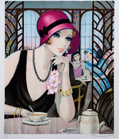 20th century color lithograph French scene female figures cafe table signed