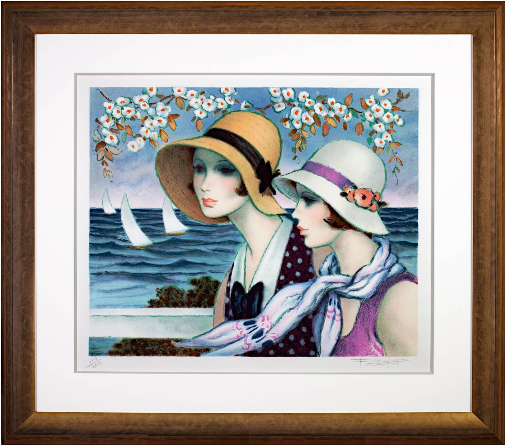  20th century color lithograph French scene female figures boats water signed For Sale 1