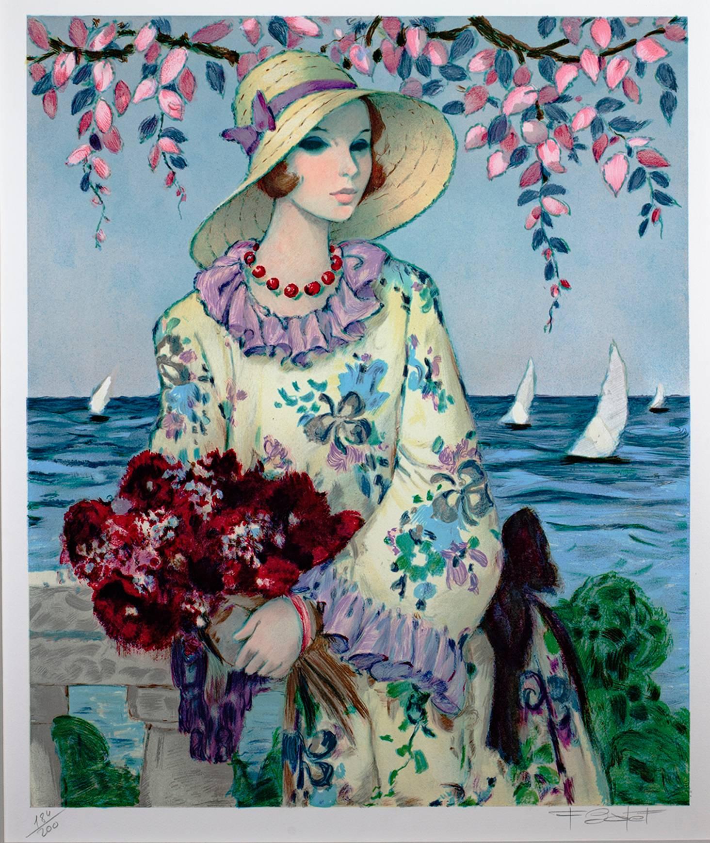 Figurative Print de Francois Batet - Siglo XX litografía en color escena francesa figura femenina barcas agua firmada