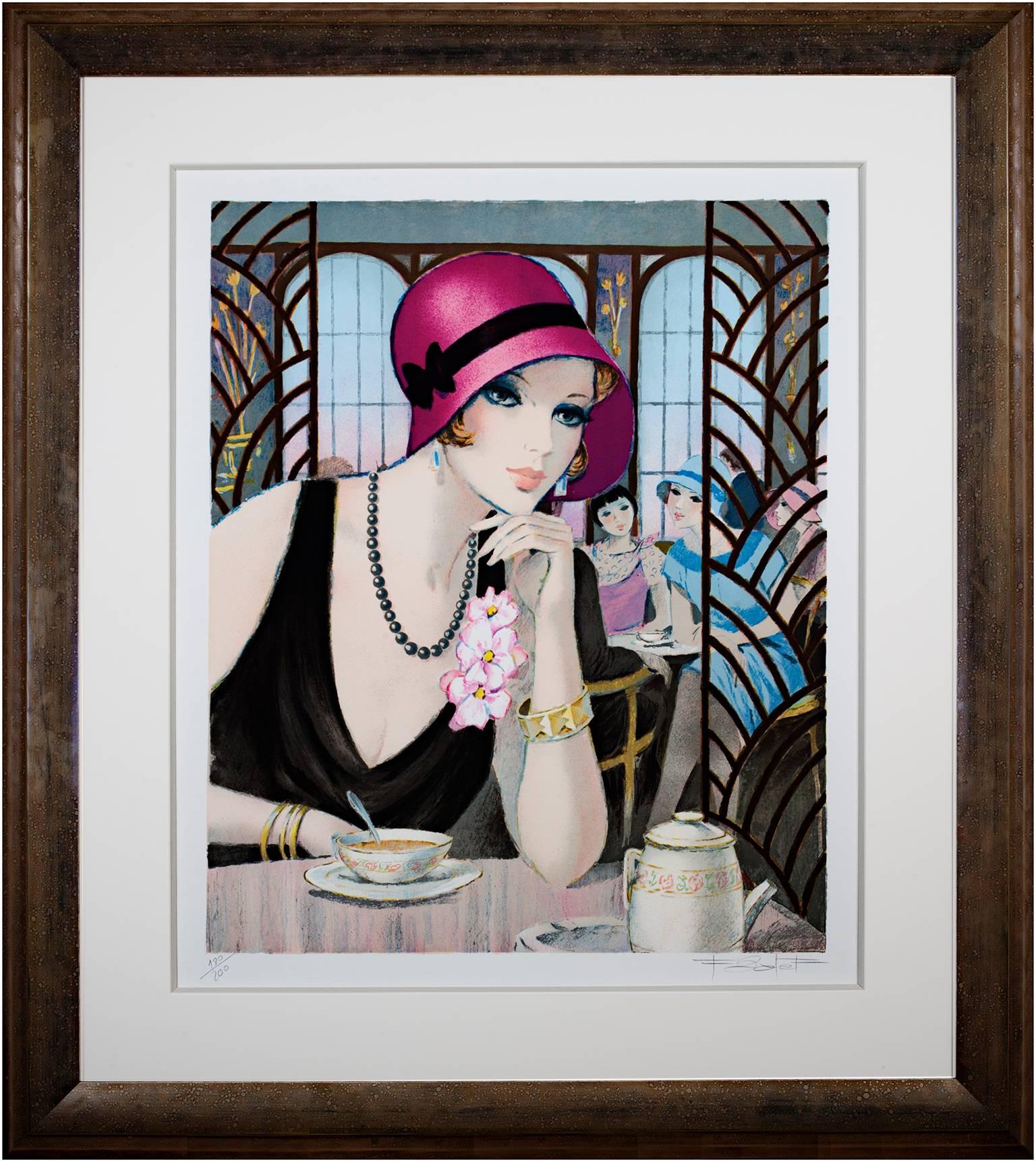 20th century color lithograph French scene female figures cafe table signed For Sale 1