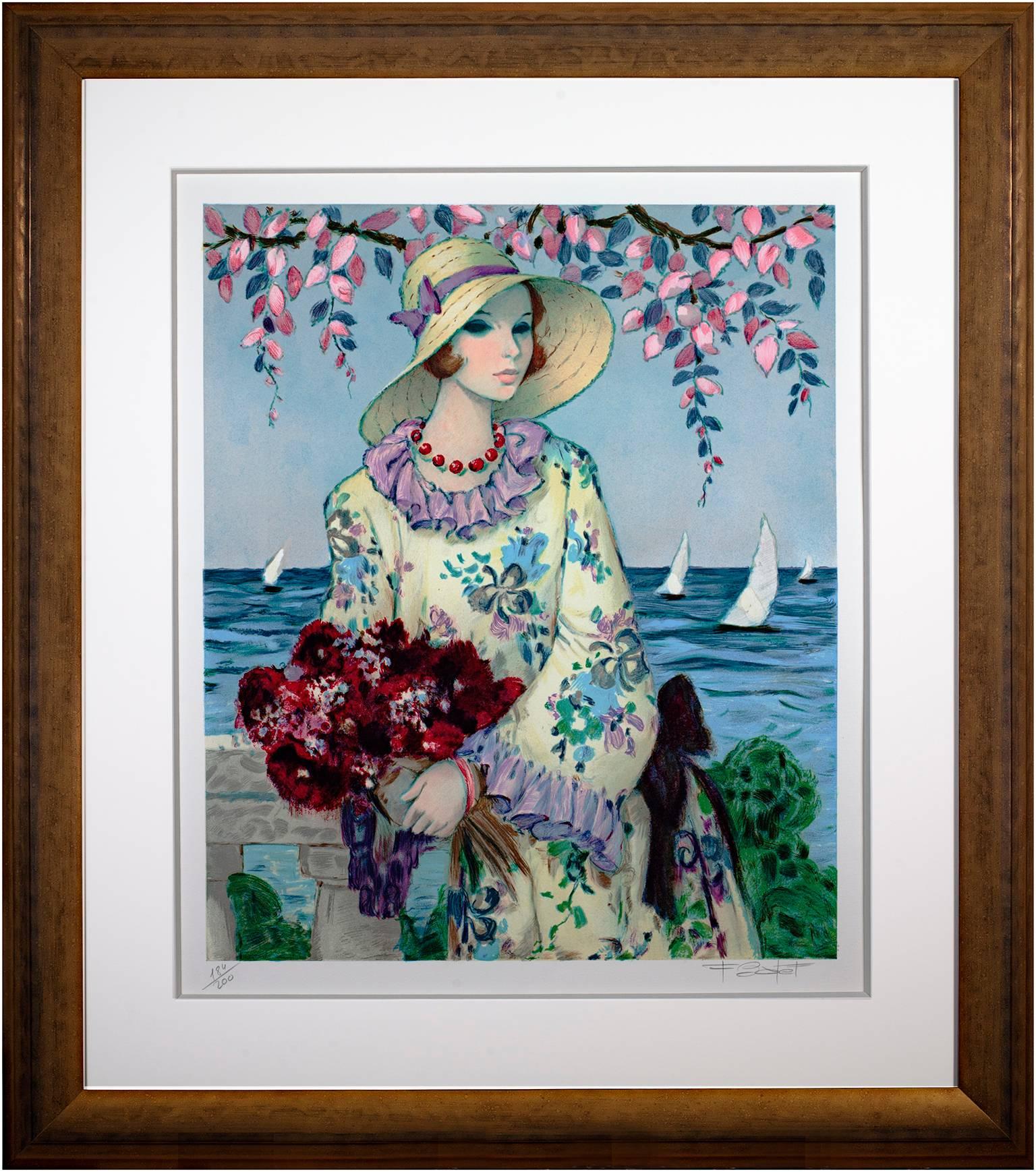 Siglo XX litografía en color escena francesa figura femenina barcas agua firmada en venta 2