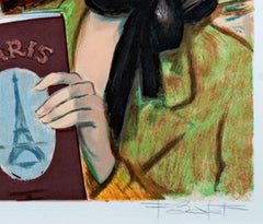 20th century color lithograph French scene female figures cathedral signed