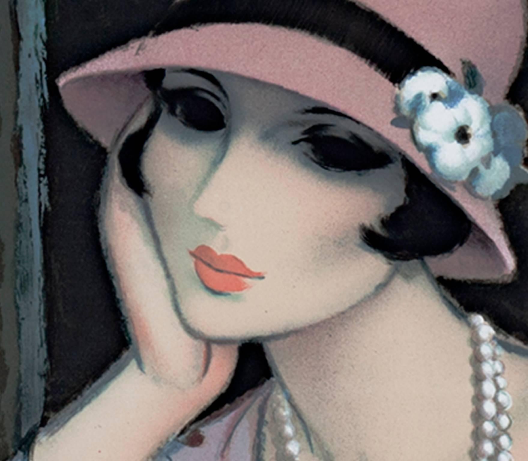 20th century color lithograph French scene female figure flowers moody signed - Gray Figurative Print by Francois Batet