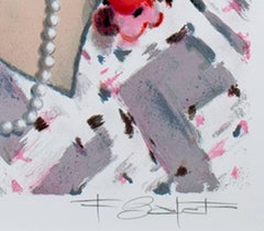 20th century color lithograph French scene female figure flowers moody signed