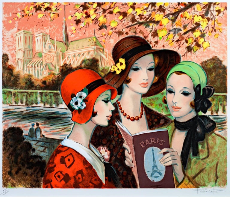 "Un Parisienne a Longchamp" is an original color lithograph by Francois Batet. The artist signed the piece in the lower right and wrote the edition number (15/200) in the lower left. This piece depicts three fashionable women in front of Notre Dame