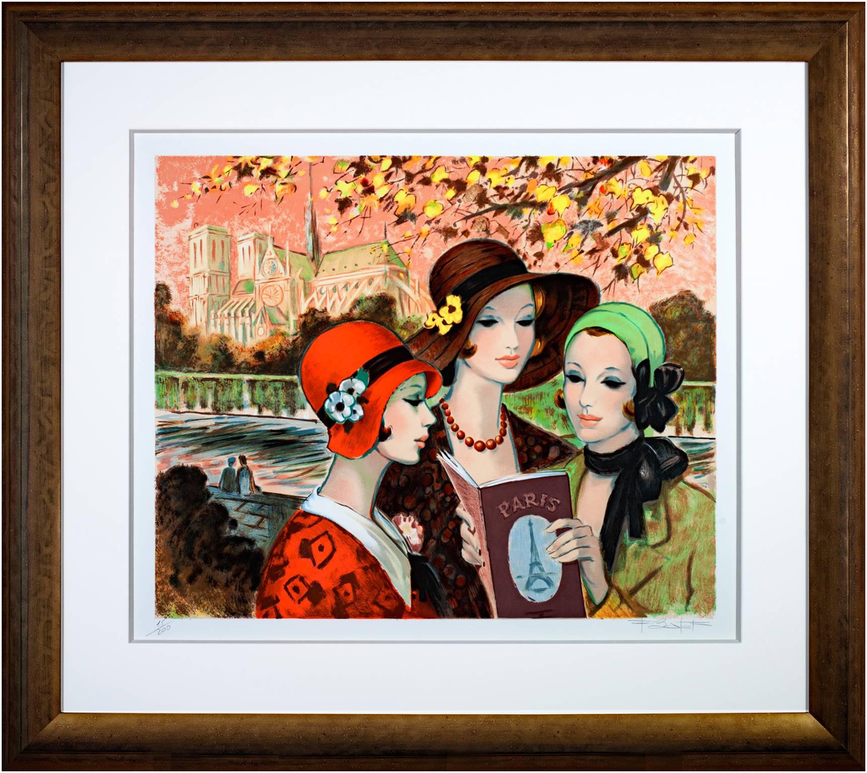 Lithographie couleur du 20e siècle, scène française, figures féminines, cathédrale signée en vente 1