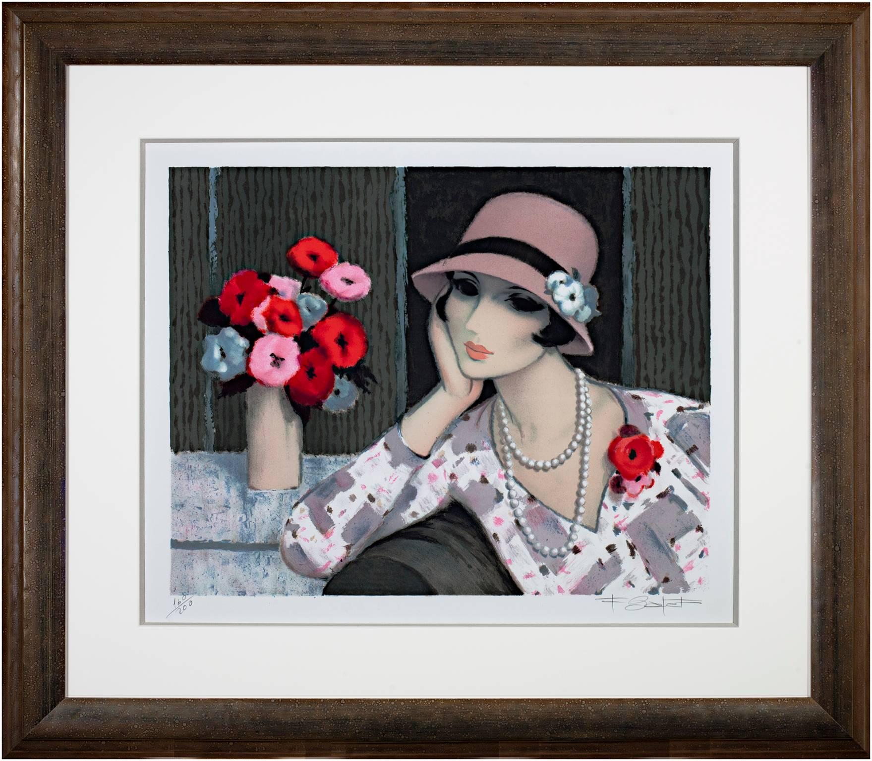 20th century color lithograph French scene female figure flowers moody signed For Sale 2
