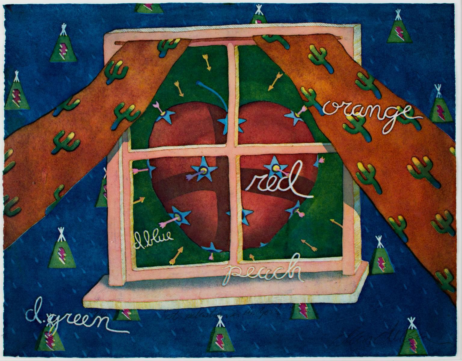 "St. Sebastian in N.Y." ist ein Original-Farbaquarell von Dan Mitchell Allison. Der Künstler hat das Werk unten rechts signiert. Diese Arbeit zeigt ein Herz/Apfel hinter einem Fenster, das von kleinen Pfeilen angegriffen wird. Kaktusgemusterte