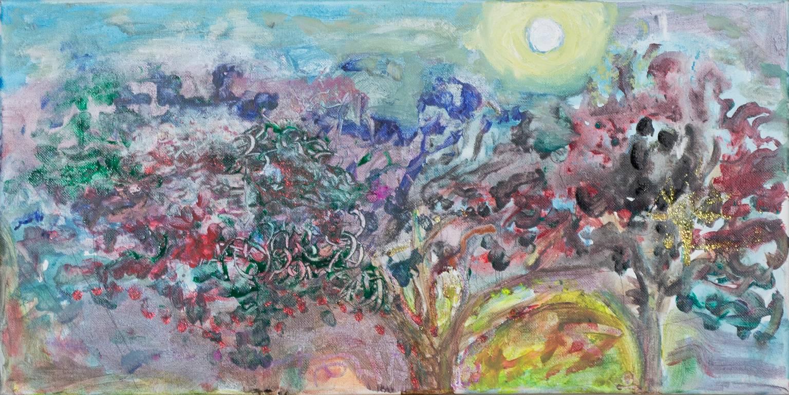 "Moonscape, " Multicolored Acrylic on Canvas signed on Verso by Helen Hulsey