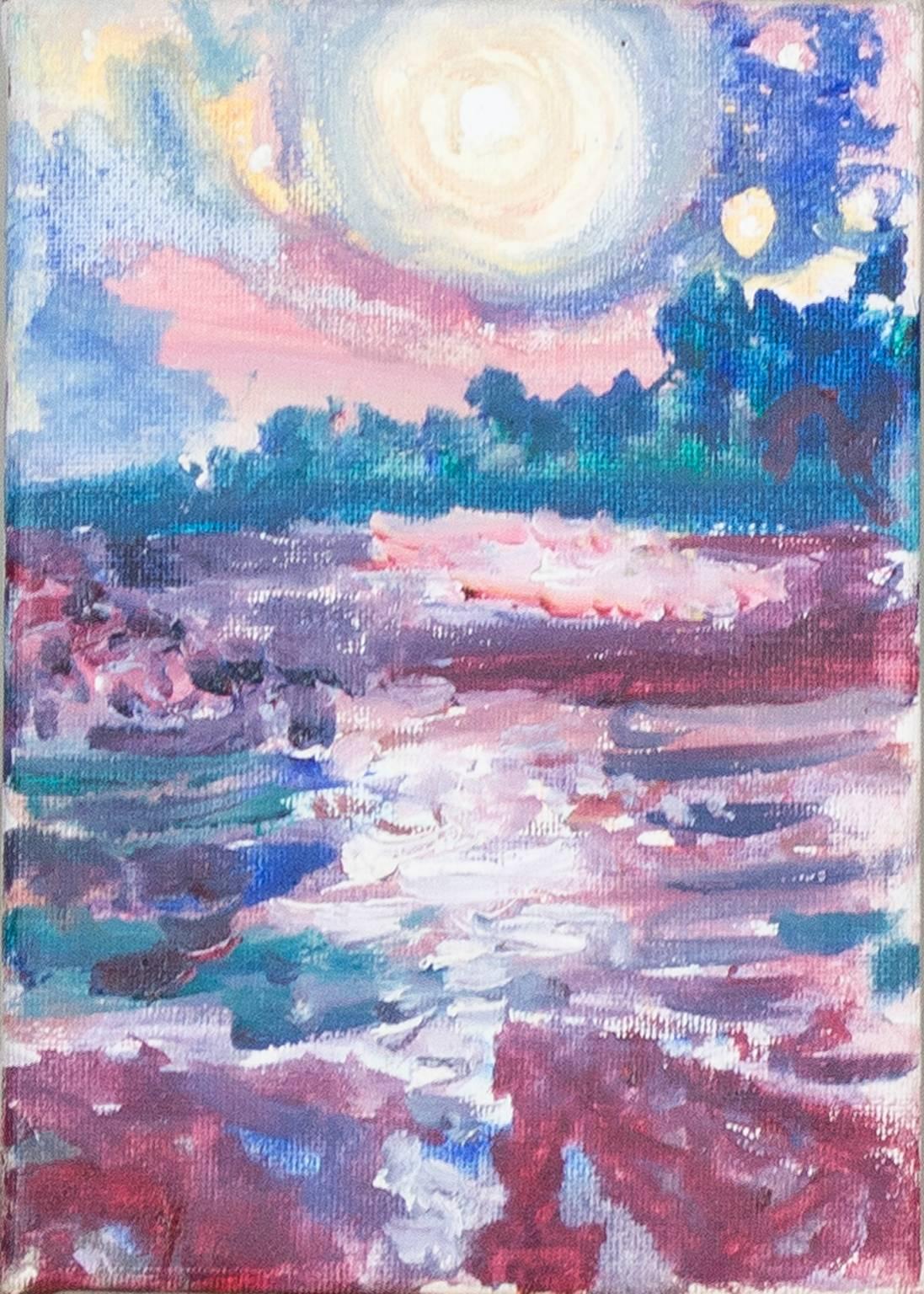 "The Moonlight Beside the Sea of Shining Light" is an original water-based oil paint on canvas by Helen Hulsey. The artist signed the piece on the back. It depicts moonlight reflecting on water. 

7" x 5" canvas

Helen Hulsey is a Milwaukee-based