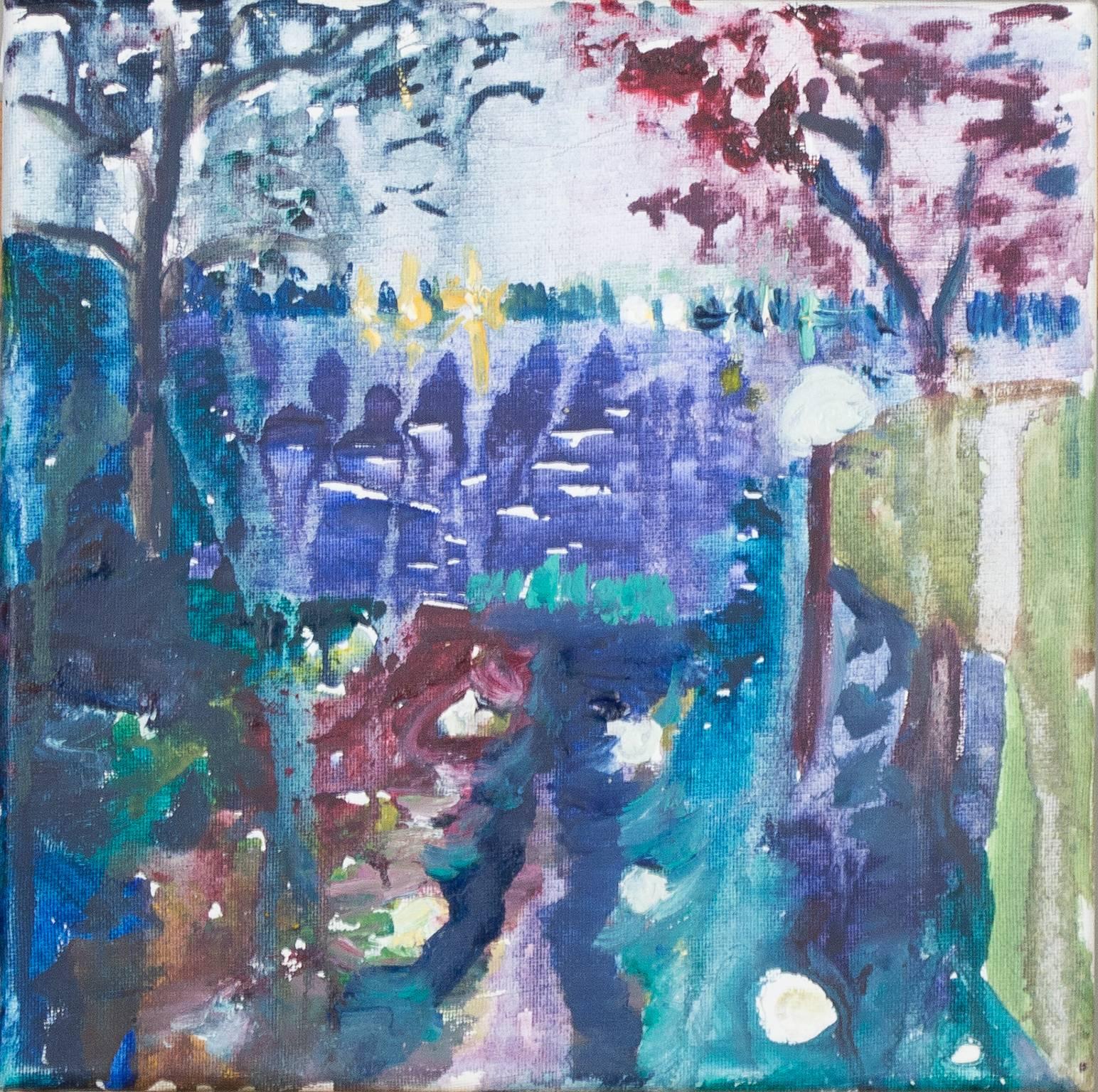"La lumière au bout du tunnel" est une peinture originale à l'huile à base d'eau sur toile de Helen Hulsey. L'artiste a signé l'œuvre au dos. Helen Hulsey est connue pour ses paysages lumineux et irisés. Ici, la perspective linéaire attire l'œil du