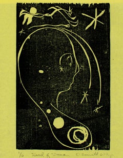 "Head of Woman, ed. 1/6" woodcut on yellow paper by David Barnett