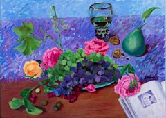 "Roses & Grapes with Pear and Book," mixed media painting by Catherine Holmburg