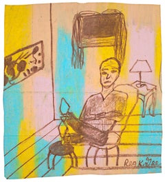 "Accented Room Featuring a Man," oil pastel on grocery bag by Reginald K. Gee