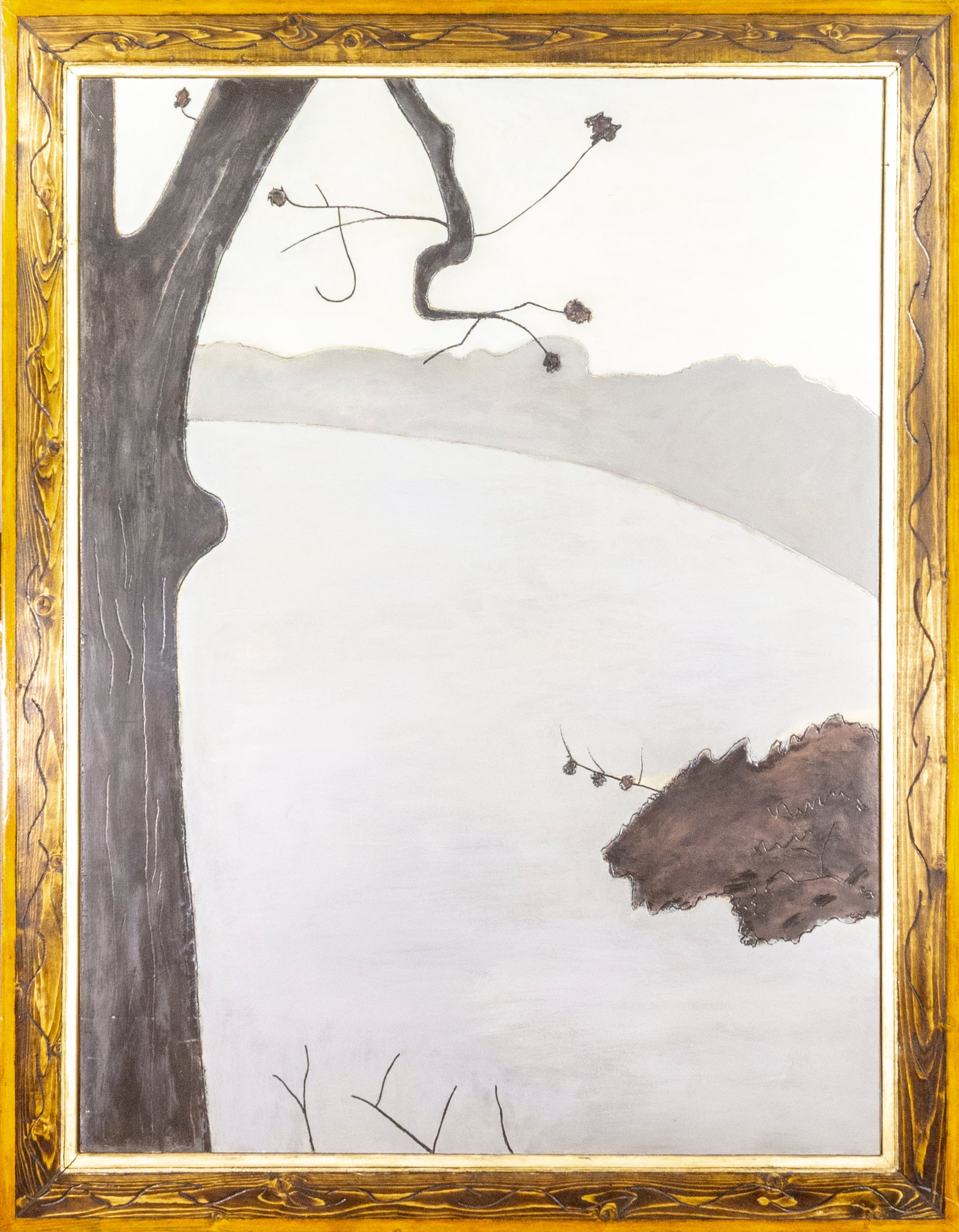 "First Snow, " Framed Winter Landscape Oil on Wood, Signed