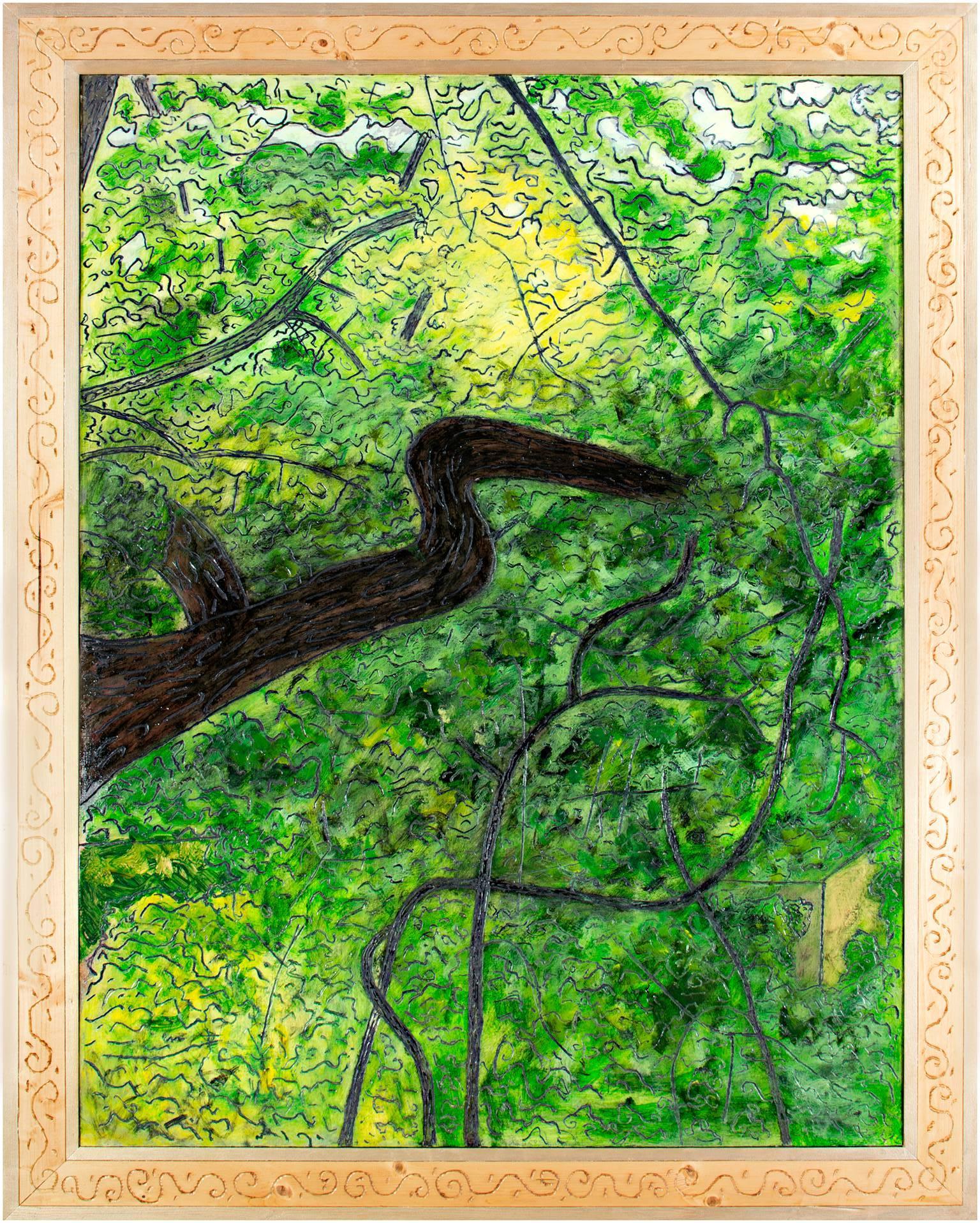 das "Haus im Wald" ist ein Original-Ölgemälde von Robert Richter. Der Künstler signierte, stempelte seine Initialen und betitelte das Werk auf der Rückseite. Das Gemälde zeigt ein von dichter Vegetation umgebenes Haus. Das Gemälde hat geschnitzte