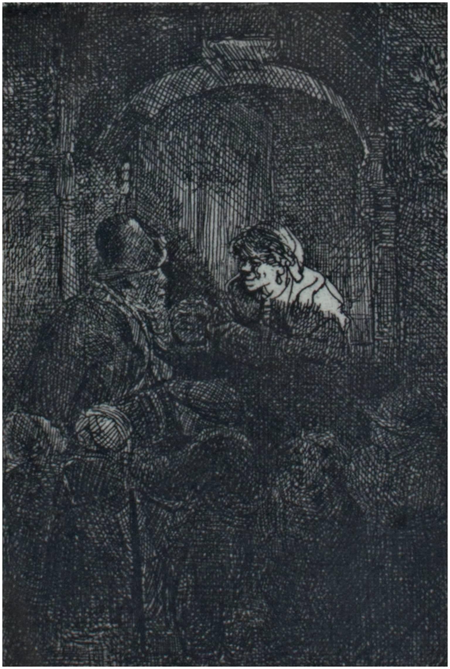 Rembrandt van Rijn Figurative Print - Woman at a Door Hatch Talking to a Man and Children (The Schoolmaster)