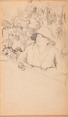 20th century black and white pencil drawing female figure hat flowers