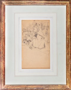 20th century black and white pencil drawing female figure hat flowers