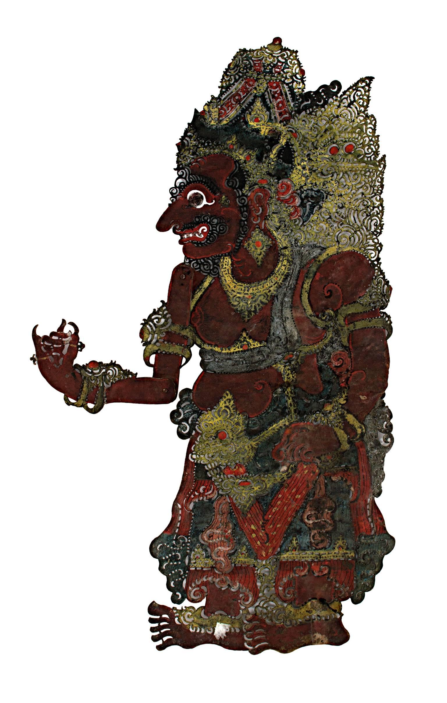 19th century puppet figure demon red ornate gold mythological Indonesian