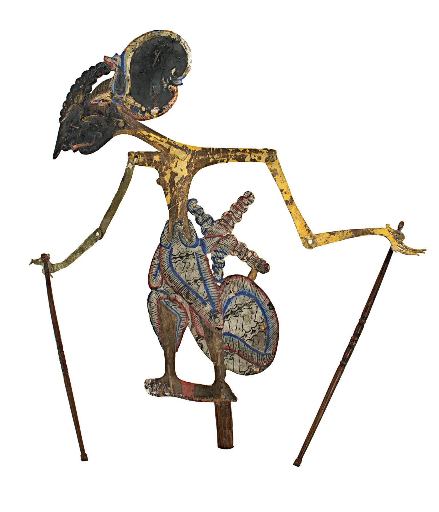 Unknown Figurative Sculpture - "Flat Wooden Shadow Puppet, " Wood & Leather created in Indonesia in the 19th C
