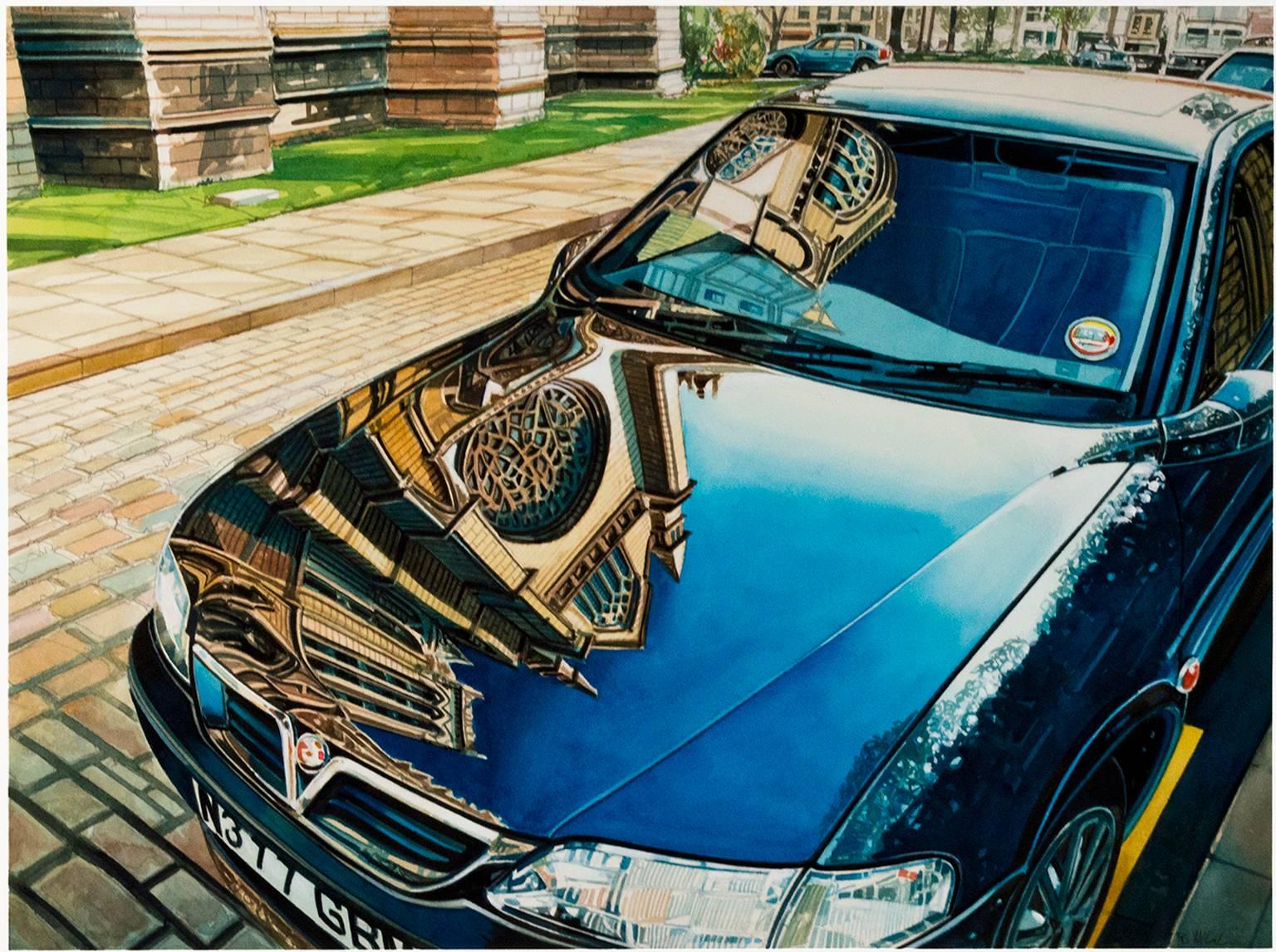 "Reflections, Lincoln, England (Car)" ist ein signiertes Original-Aquarell von Bruce McCombs. Es zeigt die Motorhaube eines gut polierten Autos, in der sich die Fassade einer Kathedrale spiegelt. Dieses Gemälde zeigt McCombs' exquisite