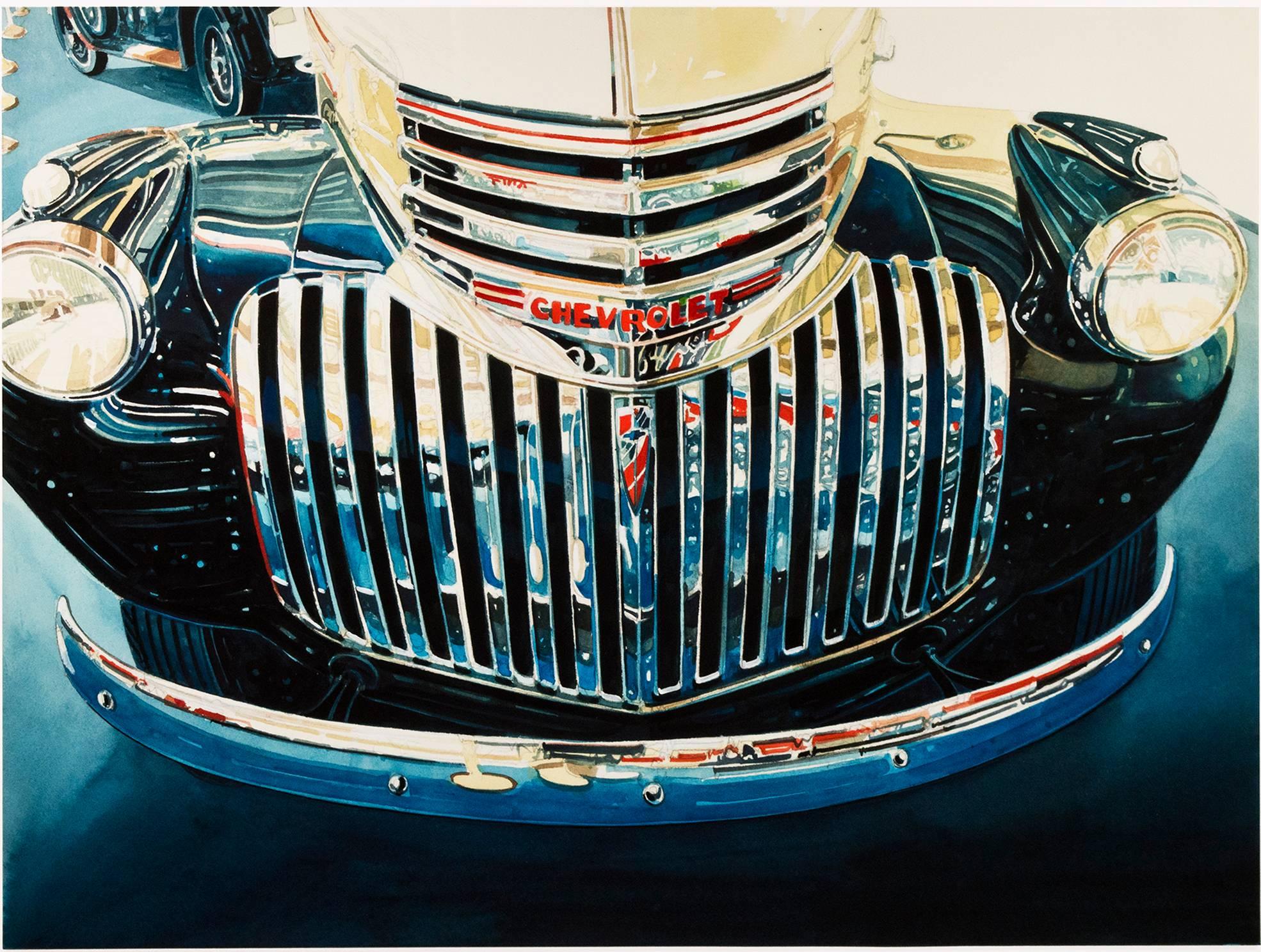 "Chevrolet Kühlergrill" ist ein original signiertes Aquarell von Bruce McCombs. Es stellt den Kühlergrill eines hochglanzpolierten Chevrolet-Autos dar. Dieses Gemälde zeigt McCombs' exquisite Aufmerksamkeit für Licht, Reflexion und Details. 

29