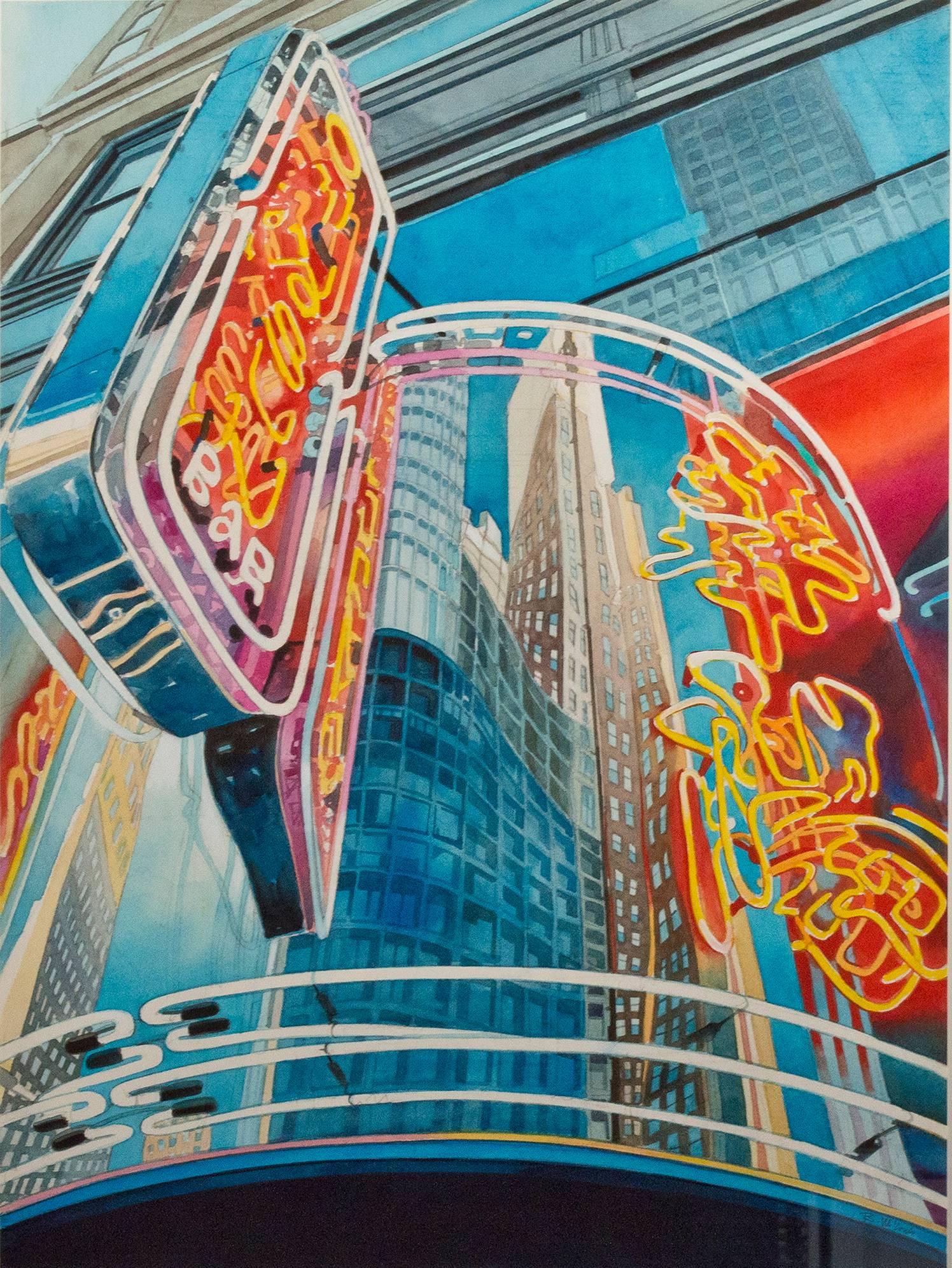 "Neon Sign, N.Y.C." è un acquerello originale firmato di Bruce McCombs. Raffigura la facciata di un negozio di sushi e presenta l'insegna al neon e le finestre riflettenti. Questo dipinto mostra la squisita attenzione di McCombs per la luce e i
