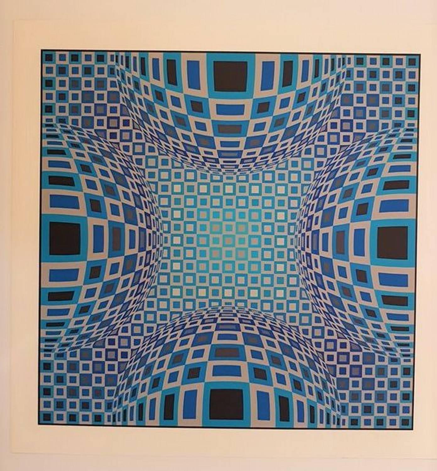 Victor Vasarely Abstract Print - Enigma, Four Blue Spheres