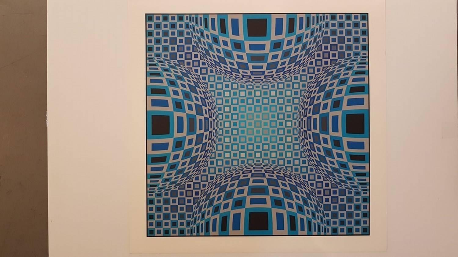 Enigma, Four Blue Spheres - Gray Abstract Print by Victor Vasarely
