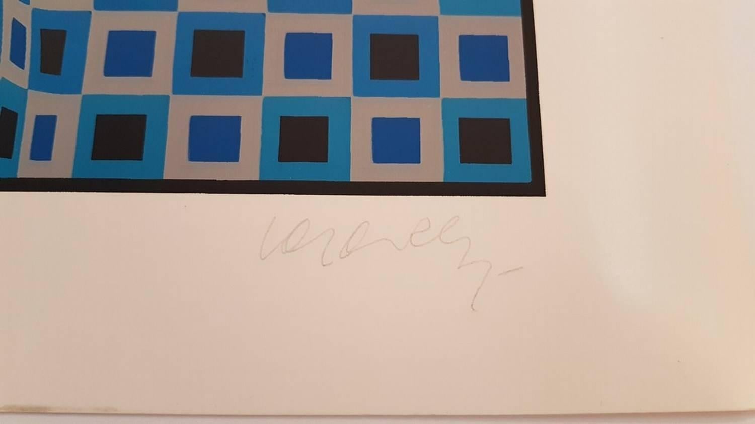 Enigma, Four Blue Spheres - Print by Victor Vasarely