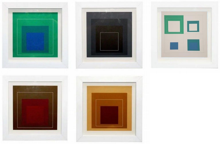 (after) Josef Albers Abstract Print - White Lines Squares - Set of Five (5) (Albers Minimalism Bauhaus Homage Square)