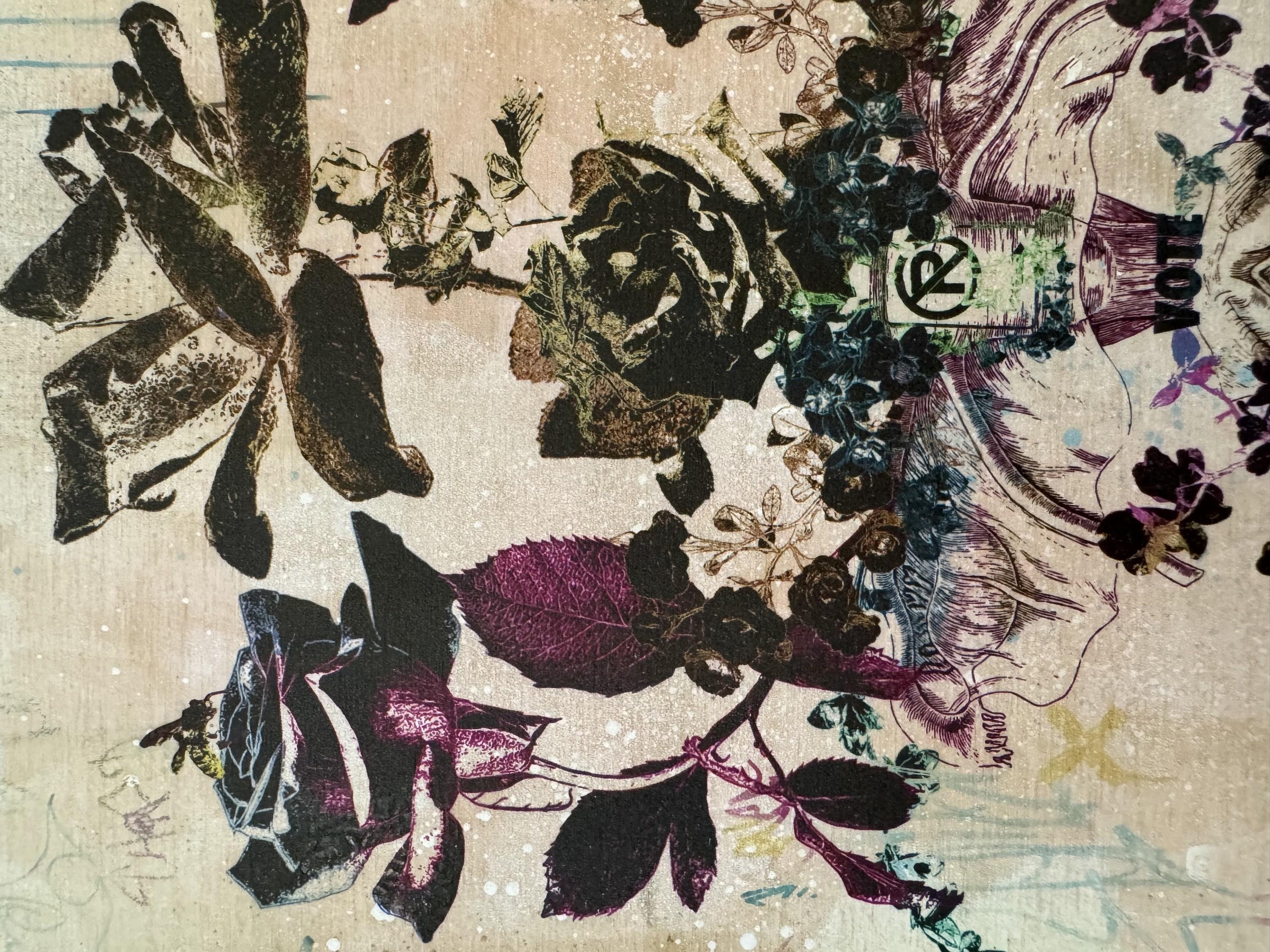 Stai Fuori dal Mio Giardino Numero 1 (Botanicals, Burgundy, Butterflies 50% OFF) - Figurative Painting Oro di Katrina Revenaugh