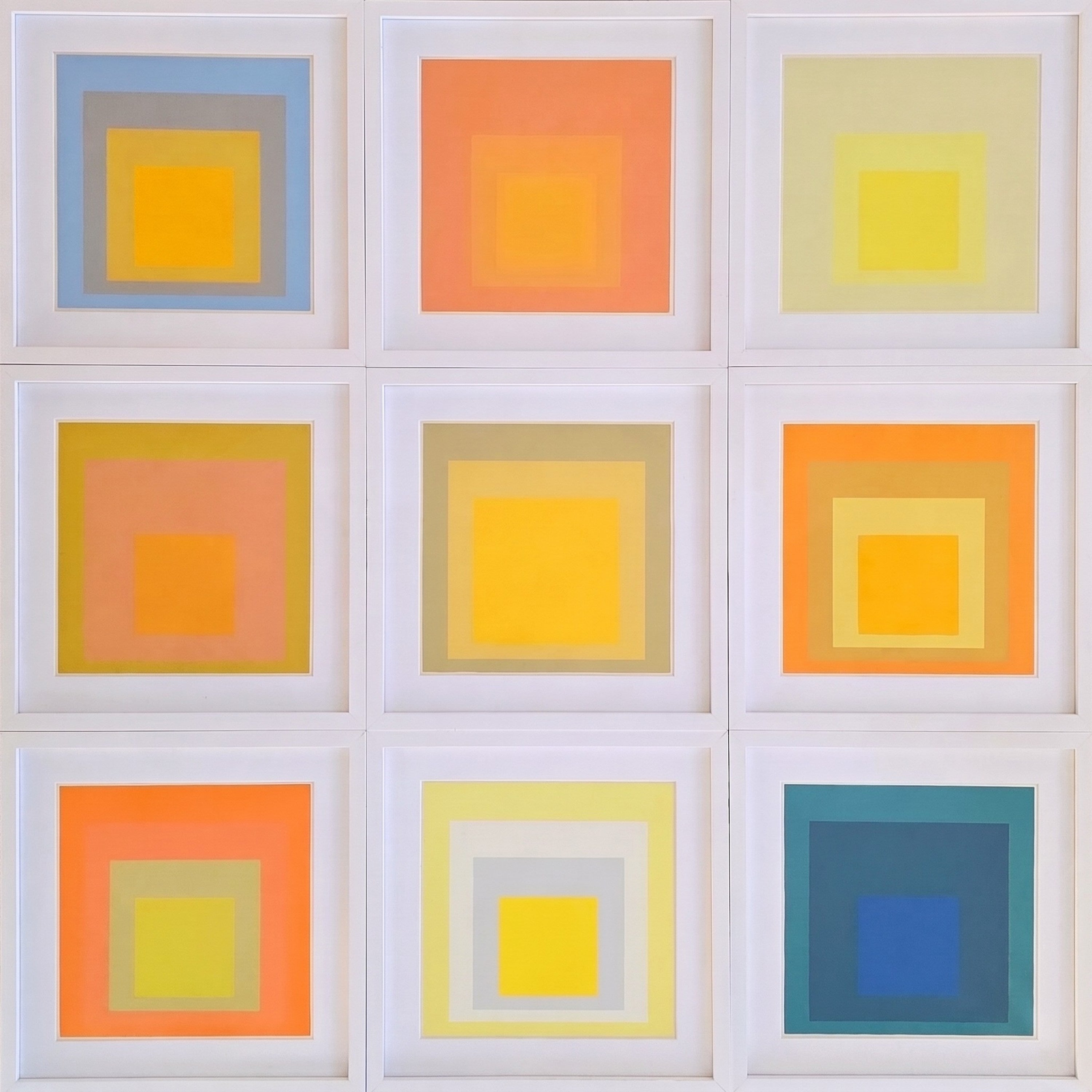 Josef Albers
SET of 9 Homage to the Square Screen Prints
(from "Son oeuvre et sa contribution à la figuration visuelle au cours du XXe siècle")
1972
9 (nine) framed Silkscreen Prints in brilliant colors on wove paper
Image Size: 8.75 × 8.75