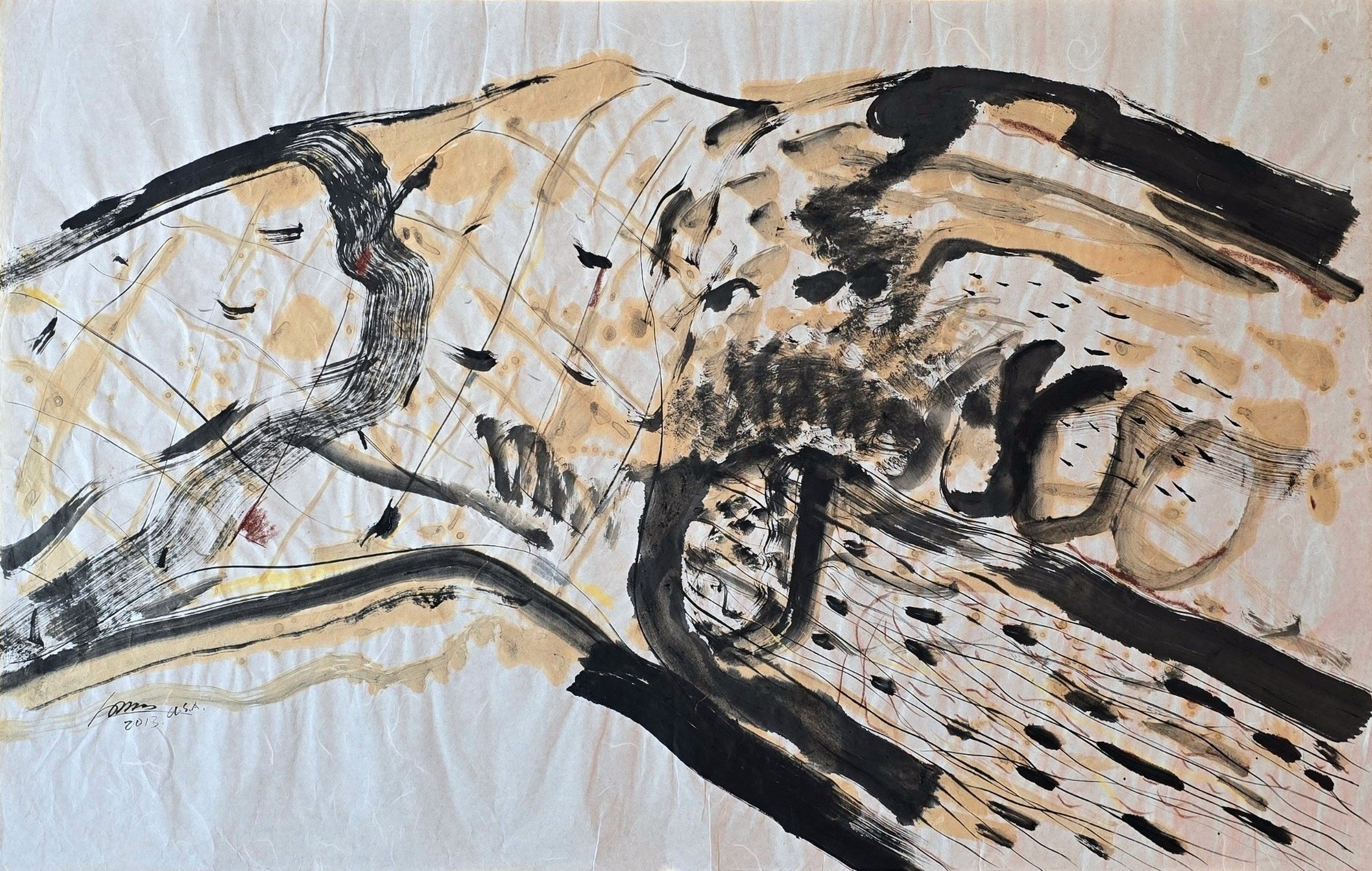 Bai Ming Abstract Painting - Untitled III (Chinese Ink Wash on hand-made Paper, Modern, Earth Tones)